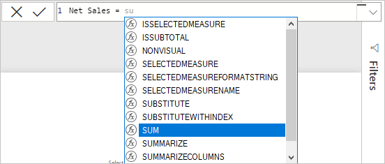Snímek obrazovky s funkcí SUMA vybraným ze seznamu v řádku vzorců