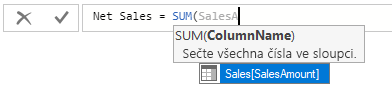 Snímek obrazovky s výběrem hodnoty SalesAmount pro vzorec SUMA