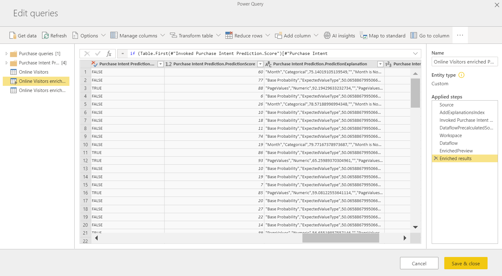 Snímek obrazovky Power Query zobrazující výsledky AutoML