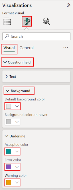 Screenshot that shows how to configure some visual formatting options, including the Q&A question field and text underline colors.
