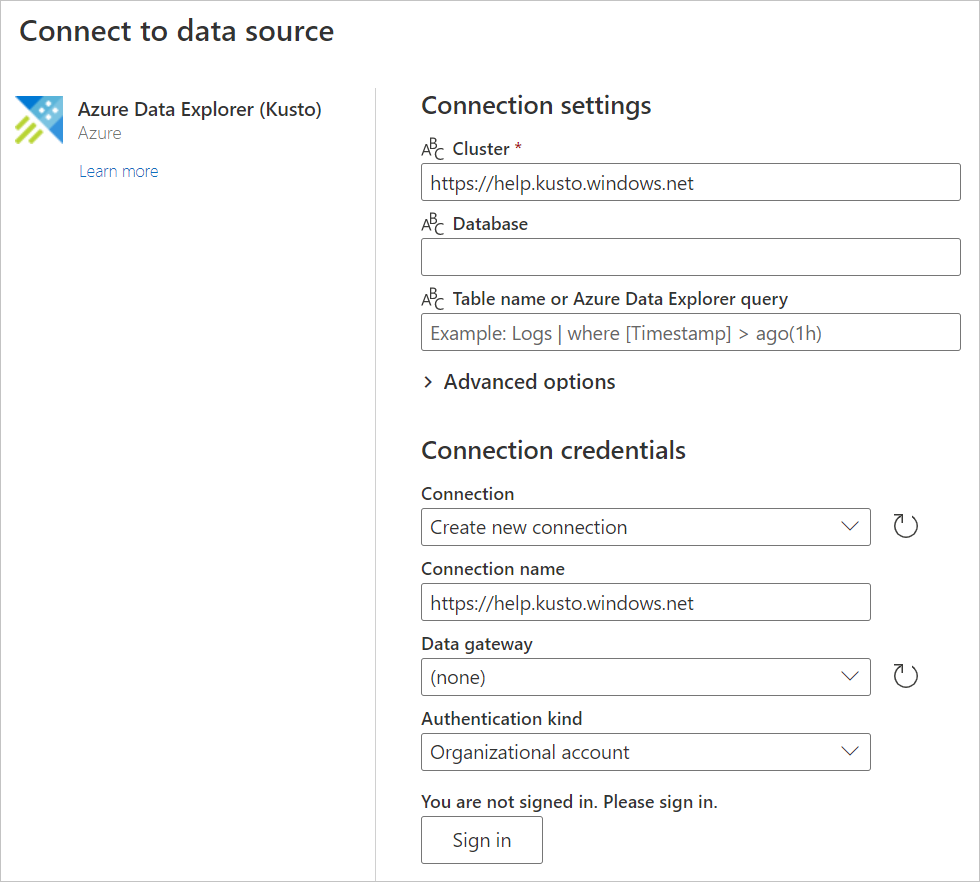 Snímek obrazovky se stránkou Zvolit zdroj dat pro Azure Data Explorer (Kusto) s adresou URL pro zadaný cluster