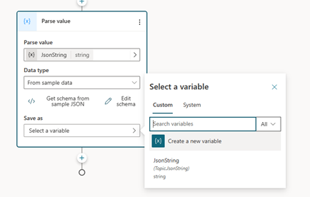 Snímek obrazovky zobrazující výběr cílové proměnné pro parsovanou hodnotu.