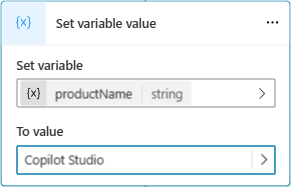 Snímek obrazovky ukazující použití doslovné hodnoty pro proměnnou s názvem productName.