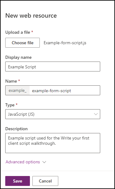 New web resource dialog to create example form script