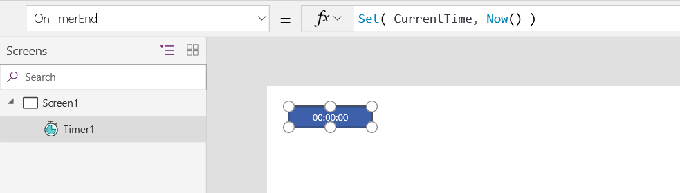 Obrazovka obsahující ovládací prvek Timer se vzorcem OnTimerEnd = Set(CurrentTime; Now()).