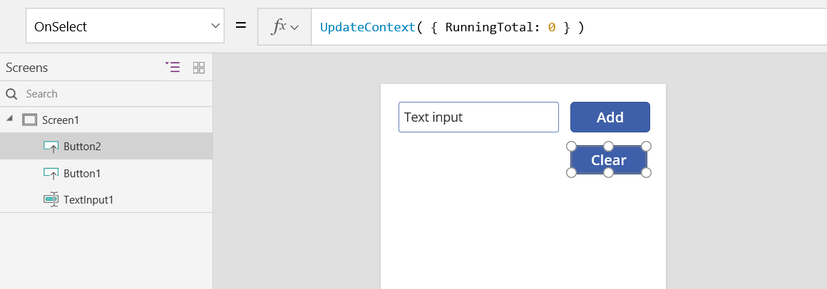 Vlastnost OnSelect tlačítka Vymazat s funkcí UpdateContext.