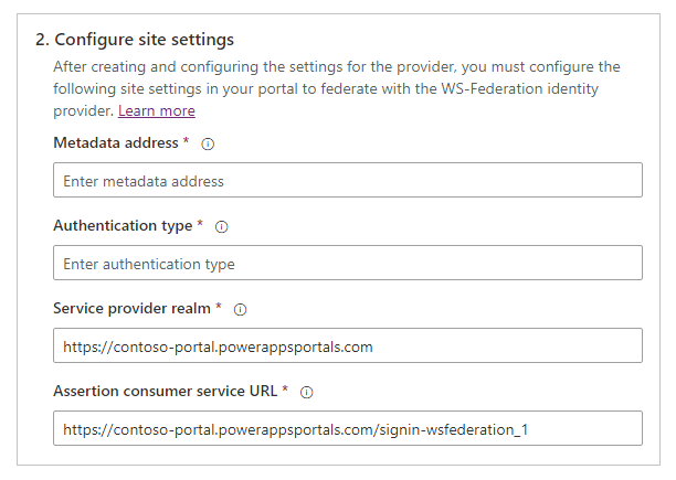 Konfigurace nastavení webu WS-Federation.