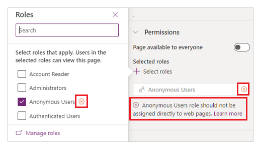 Výstraha: Role Anonymní uživatelé se nemá přiřazovat přímo k webovým stránkám.