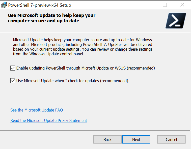 Nastavení PowerShellu – dialogové okno Microsoft Update