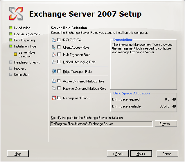 Server Role Selection Page of Setup Wizard