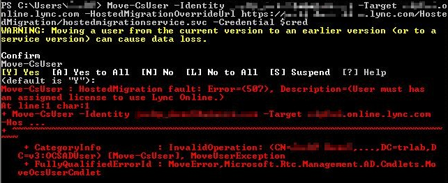 Snímek obrazovky s chybovou zprávou po spuštění rutiny Move-CsUser v Skype pro firmy PowerShellu