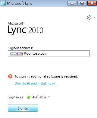 Snímek obrazovky s přihlašovací stránkou Lyncu, včetně chybové zprávy Stáhnout a nainstalovat? odkaz.