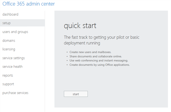 Snímek obrazovky s kartami nastavení v centru Office 365 pro správu