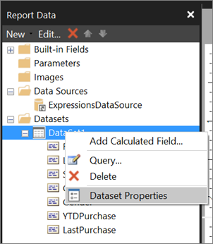Screenshot that shows how access the Dataset Properties in Report Builder.