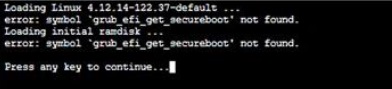 Screenshot of grub error 'grub_efi_get_secure_boot' not found.