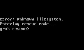 Screenshot of grub unknown file system error.