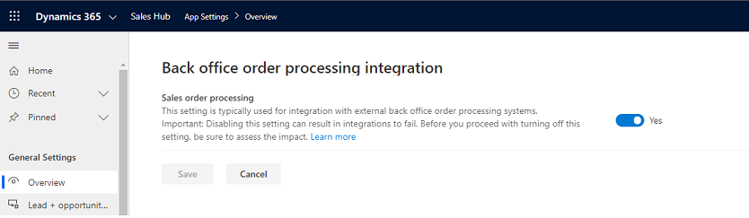 Set the Sales order processing option to Off if you want to disable the integration.