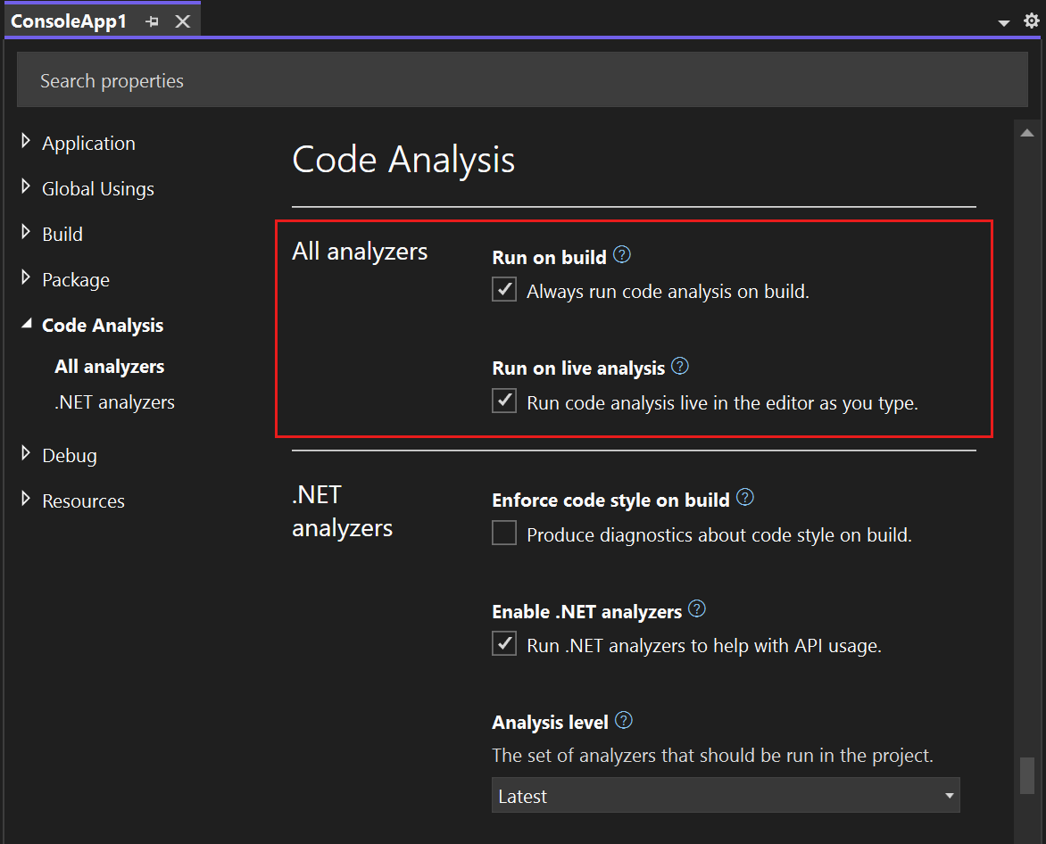 Snímek obrazovky se stránkou vlastností analýzy kódu