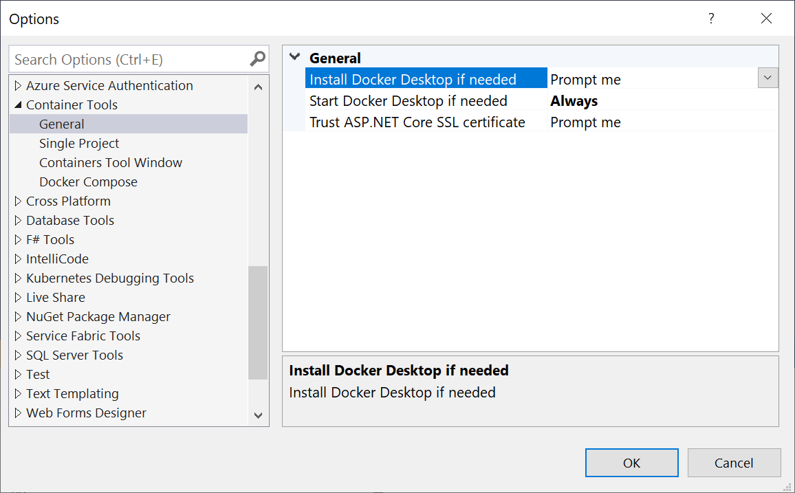 Možnosti nástroje Visual Studio Container Tools zobrazující: V případě potřeby nainstalujte Docker Desktop a důvěřovat ASP.NET core certifikátu SSL.