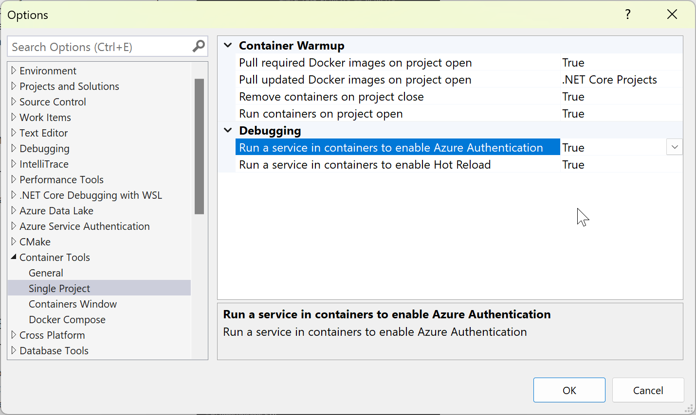 Visual Studio Container Tools options, showing: Kill containers on project close, Pull required Docker images on project open, Run containers on project open, Run a service in containers to enable Azure Authentication, and Run a run a service in containers to enable Opětovné načítání za provozu.