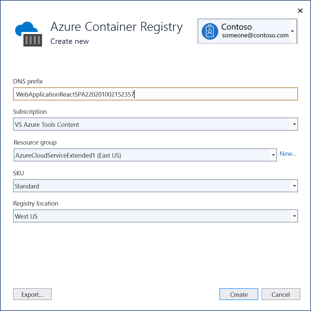 Snímek obrazovky s dialogovým oknem Pro vytvoření služby Azure Container Registry v sadě Visual Studio