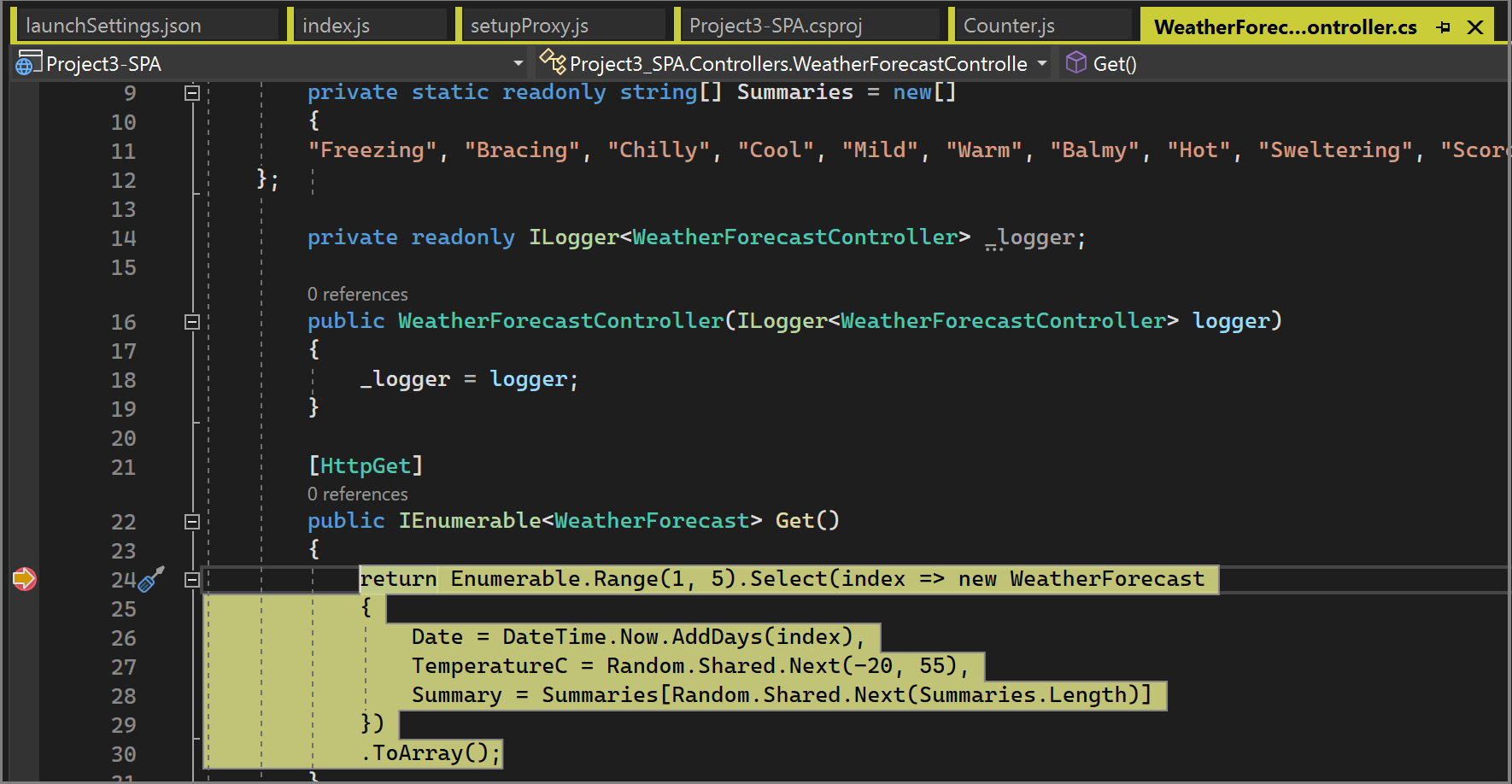 Snímek obrazovky znázorňující ladění kódu na straně serveru ASP.NET Core