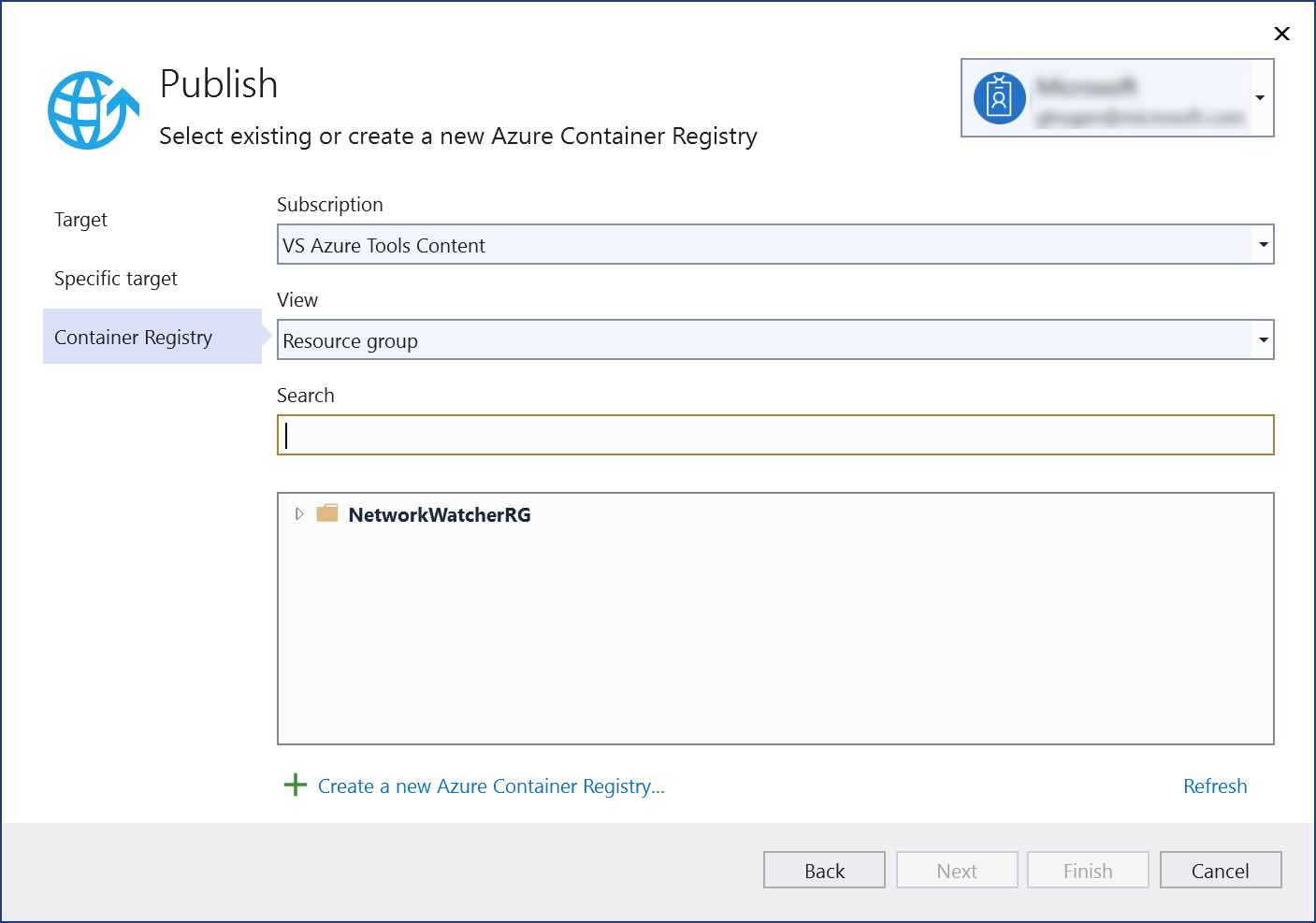 Snímek obrazovky s dialogovým oknem Publikovat – zvolte Vytvořit nový registr kontejneru Azure.