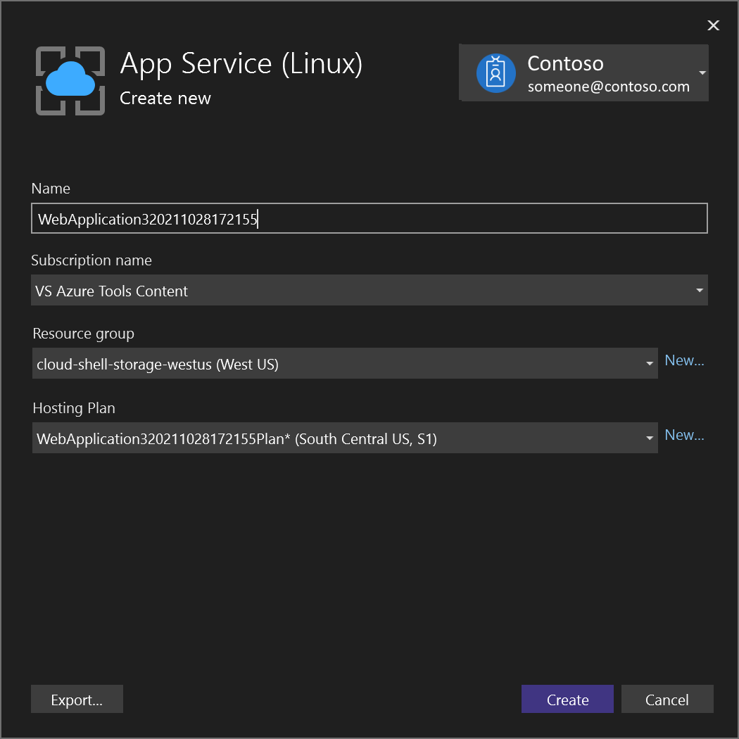 Snímek obrazovky znázorňující vytvoření služby App Service