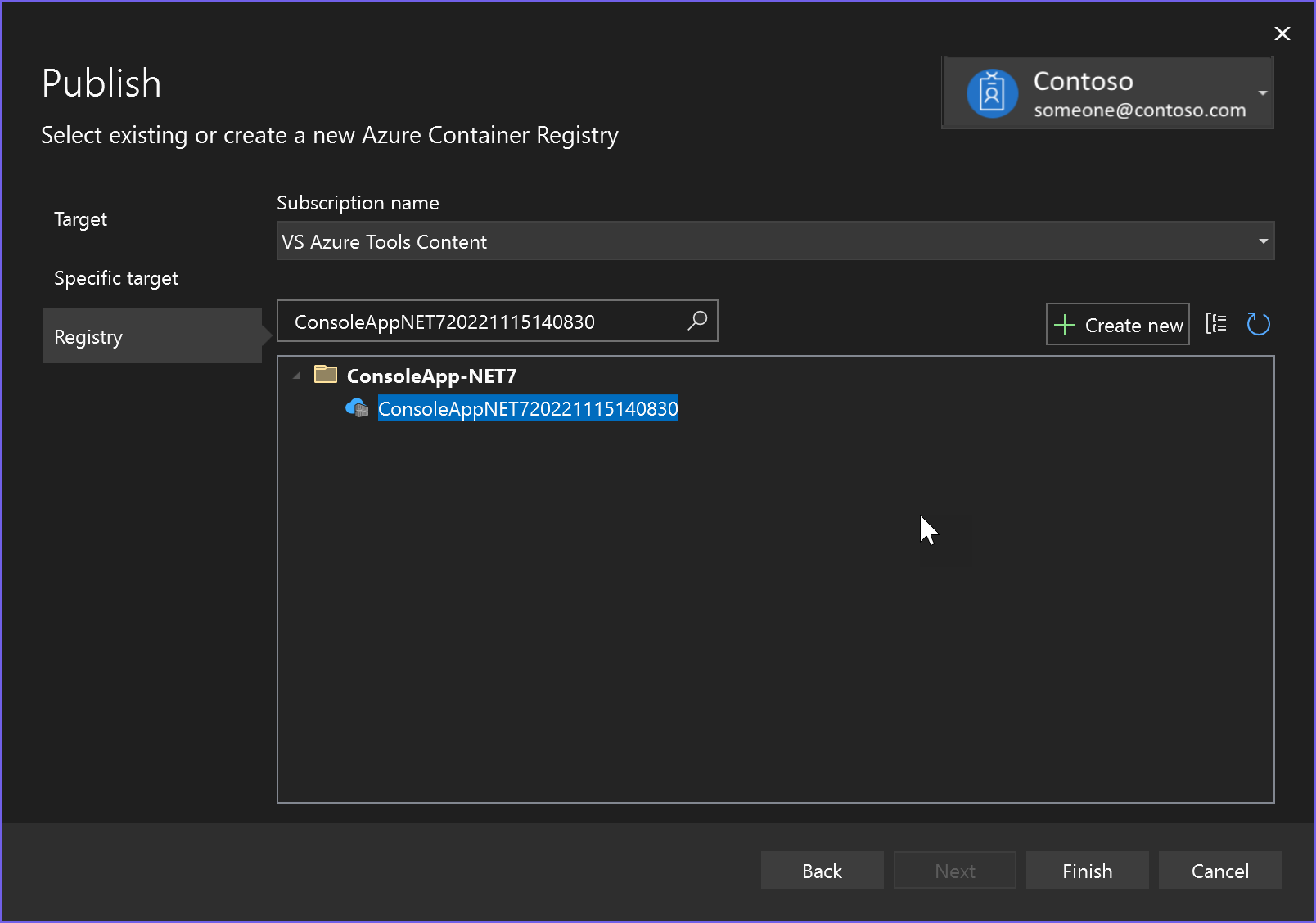 Snímek obrazovky Pro publikování a zvolením služby Azure Container Registry