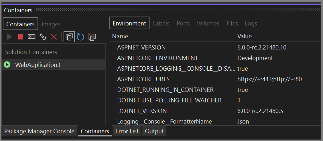 Snímek obrazovky s oknem Kontejnery v sadě Visual Studio zobrazující proměnné prostředí pro kontejner