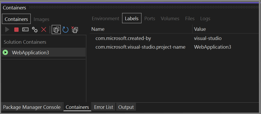 Snímek obrazovky s oknem Kontejnery v sadě Visual Studio s kartou Popisky