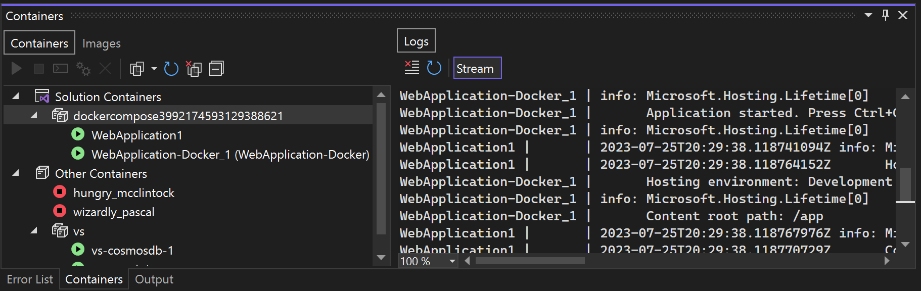 Snímek obrazovky znázorňující uzly Docker Compose v okně Kontejnery