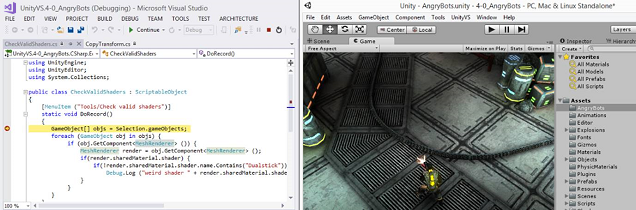 Snímek obrazovky zobrazující přehled nástrojů sady Visual Studio Tools for Unity a vývojového prostředí
