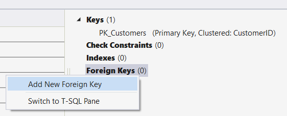 Přidání cizího klíče v Návrháři tabulek v sadě Visual Studio