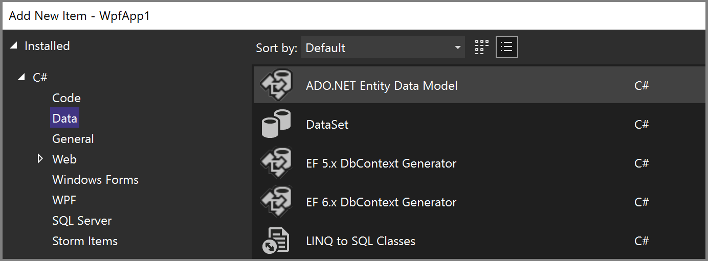 Snímek obrazovky s novou položkou modelu Entity Framework