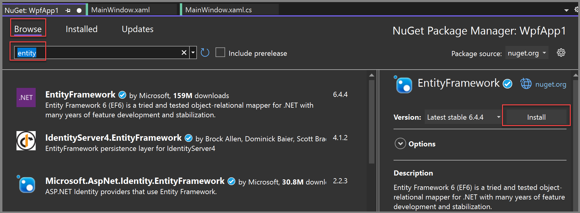 Snímek obrazovky znázorňující balíček NuGet Entity Framework