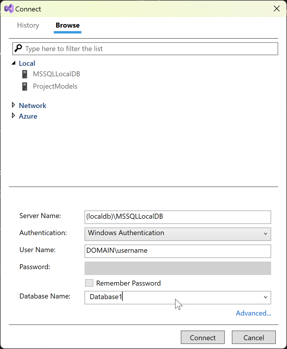 Snímek obrazovky s dialogovým oknem Průzkumník objektů Připojení SQL Serveru