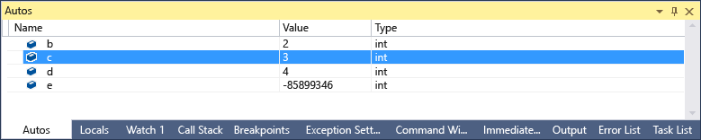 Snímek obrazovky okna Automatické položky se zvýrazněnou čárou, která zobrazuje int c s hodnotou 3