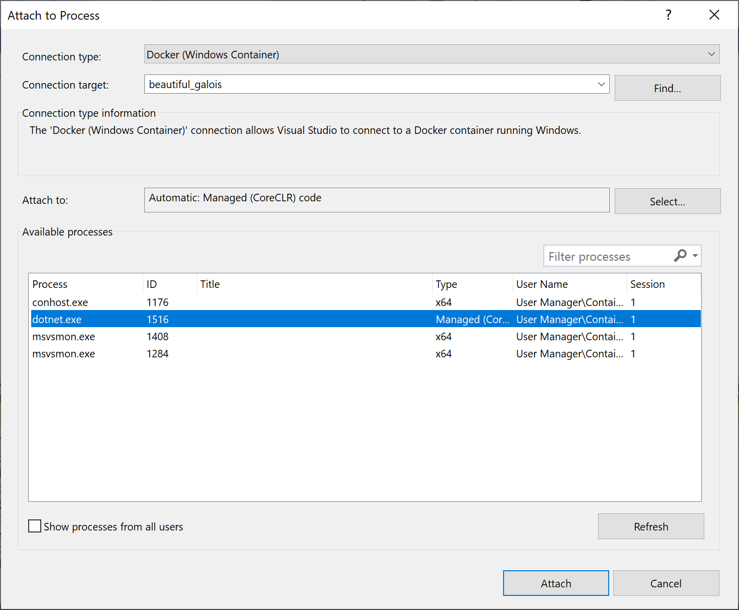 Snímek obrazovky s dialogovým oknem Připojit k procesu v sadě Visual Studio typ Připojení ion je nastavený na Docker (kontejner Windows) a je vybrán proces dotnet.exe.