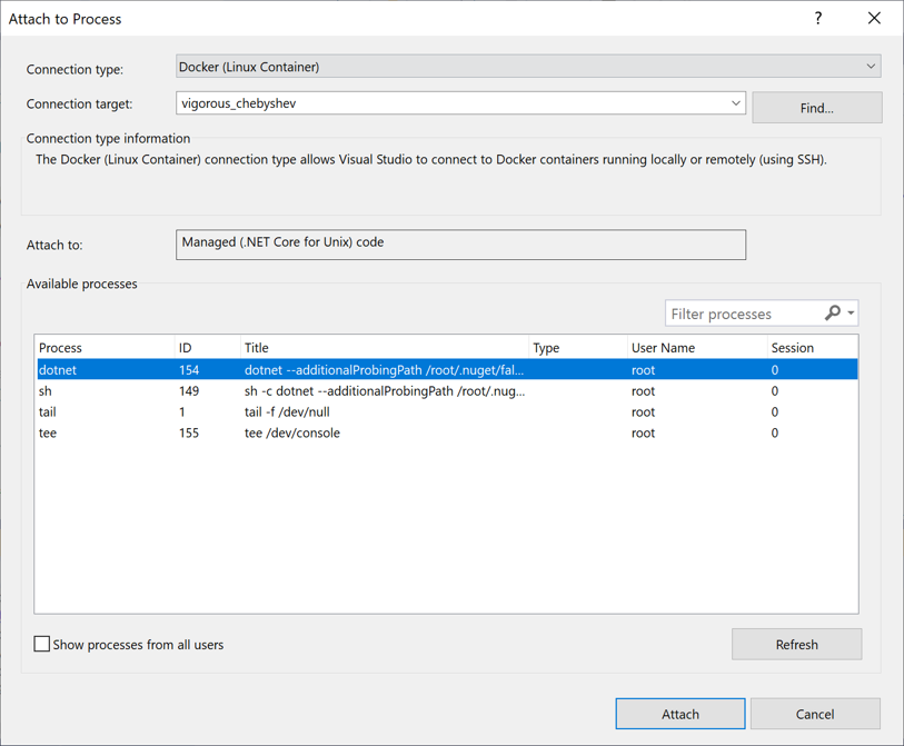 Snímek obrazovky s dialogovým oknem Připojit k procesu v sadě Visual Studio typ Připojení ion je nastavený na Docker (kontejner Linuxu) a je vybrán proces dotnet.