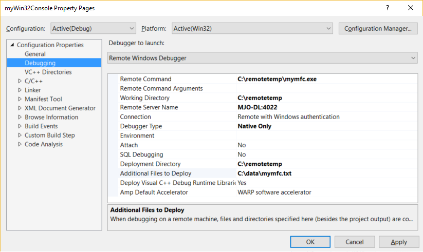 Screenshot of the Debugging tab in the Visual Studio Solution Explorer Properties. The Debugger to launch property is set to Remote Windows Debugger.