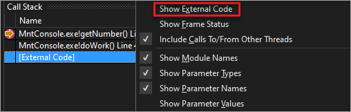 Snímek obrazovky s možností Zobrazit externí kód v okně Zásobník volání