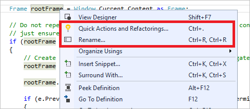Snímek obrazovky znázorňující refaktoring v sadě Visual Studio