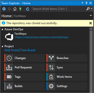 Screenshot of the Team Explorer window in Visual Studio 2019 version 16.7 and earlier, after clone is complete