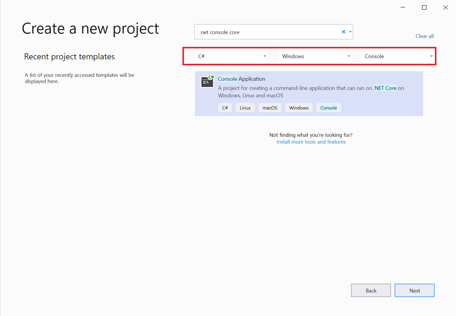 Snímek obrazovky s oknem Vytvořit nový projekt v sadě Visual Studio 2019, kde vyberete požadovanou šablonu.