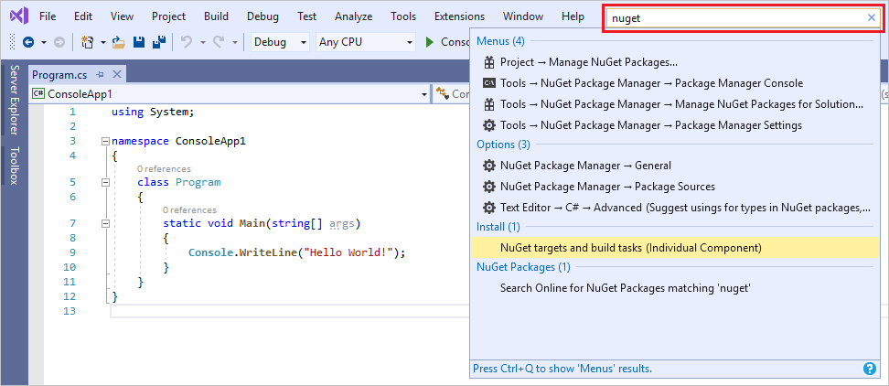 Snímek obrazovky s vyhledávacím polem Snadné spuštění v sadě Visual Studio 2019