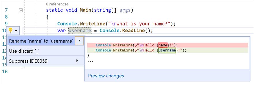 Snímek obrazovky znázorňující akci Přejmenovat v sadě Visual Studio