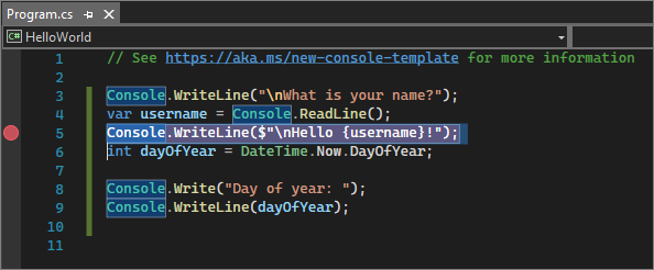 Snímek obrazovky znázorňující zarážku na řádku kódu v sadě Visual Studio