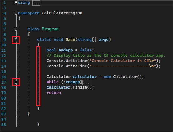 Snímek obrazovky znázorňující integrované vývojové prostředí sady Visual Studio s červenými poli