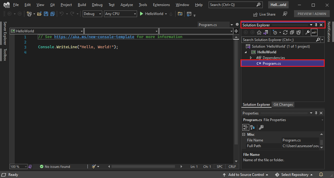 Snímek obrazovky znázorňující integrované vývojové prostředí sady Visual Studio s kódem Program.cs v editoru